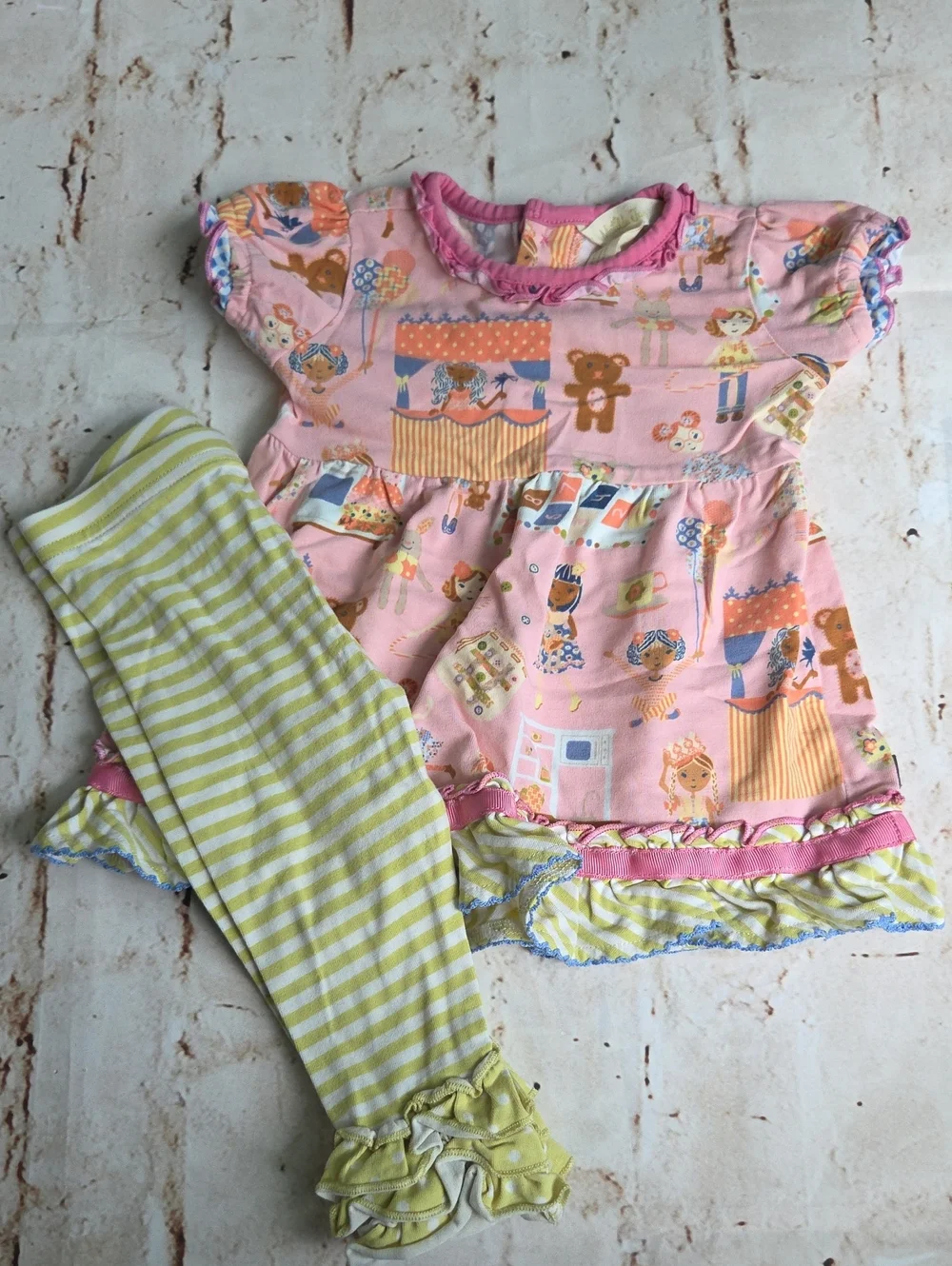 Pink Playful Print Shirt with Green Stripe Ruffle Leggings